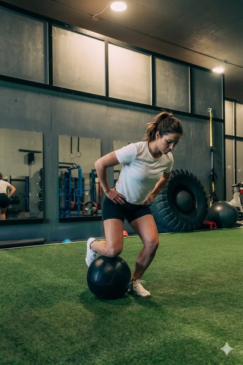 Female athlete training at FPC — medicine ball drill on turf